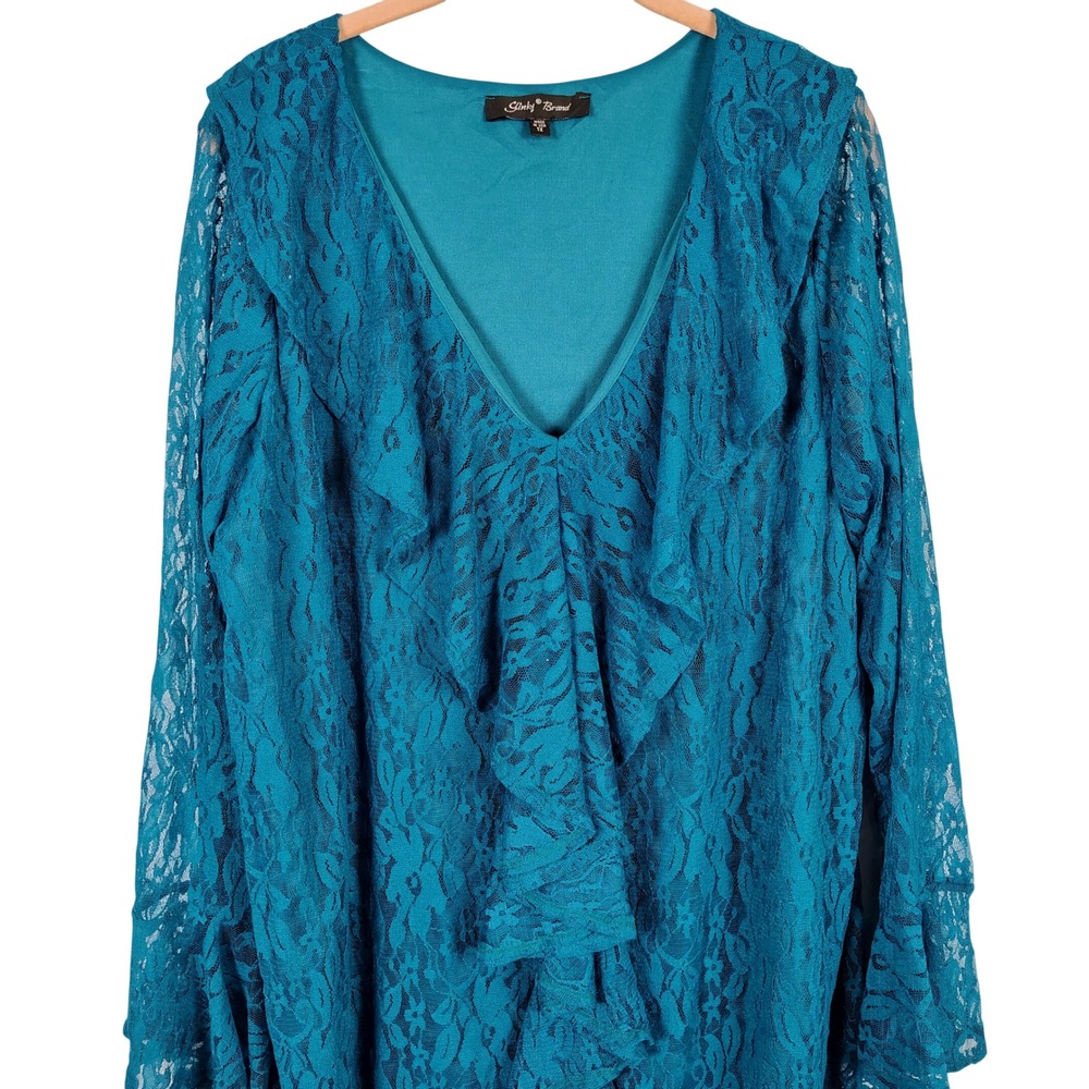 Slinky Brand Womens 1X Lace Ruffle V-Neck Blouse Teal Bell Sleeve Whimsygoth